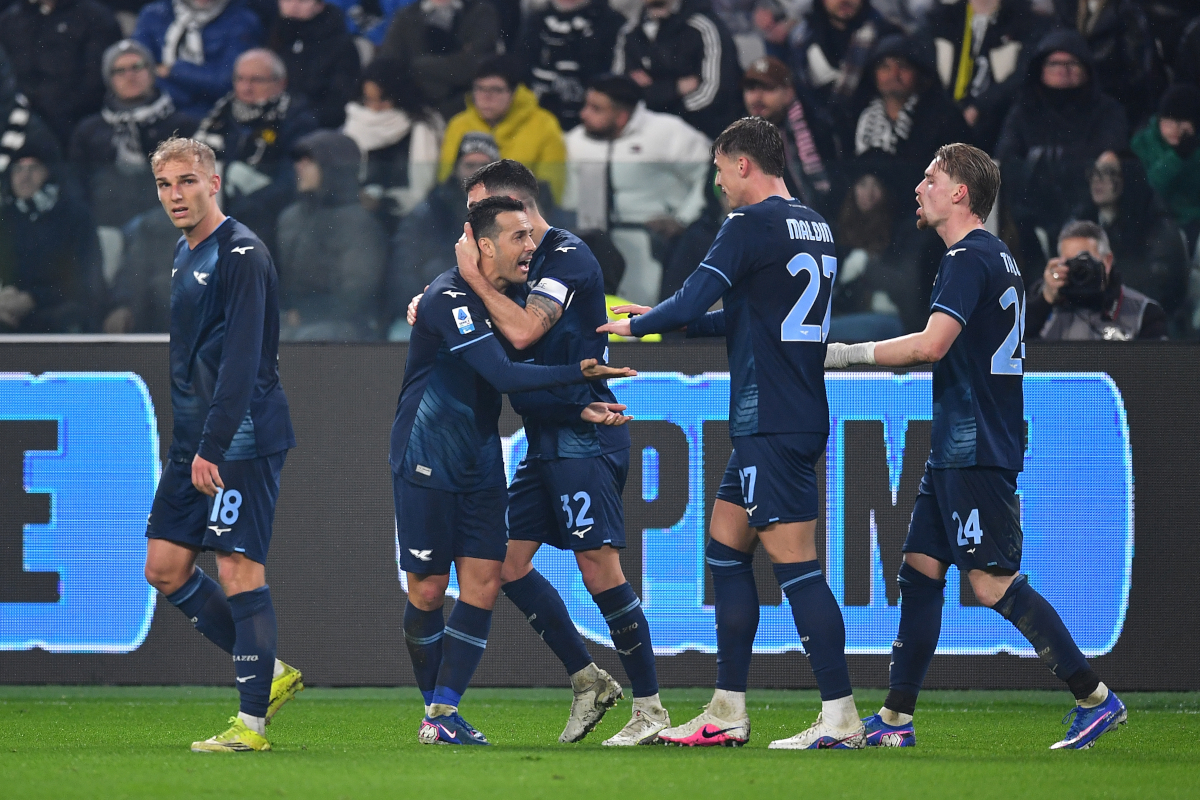 TURIN, ITALY - FEBRUARY 08: Pedro of SS Lazio celebrates a goal with team mates during the Serie A match between Juventus FC and SS Lazio at Allianz Stadium on February 8, 2026 in Turin, Italy. (Photo by Valerio Pennicino/Getty Images)