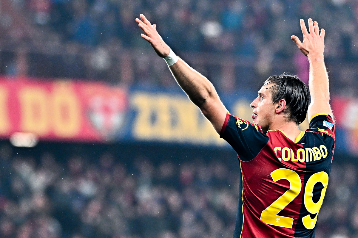 GENOA, ITALY - FEBRUARY 7: Lorenzo Colombo of Genoa celebrates after scoring a goal during the Serie A match between Genoa CFC and SSC Napoli at Stadio Luigi Ferraris on February 7, 2026 in Genoa, Italy. (Photo by Simone Arveda/Getty Images)