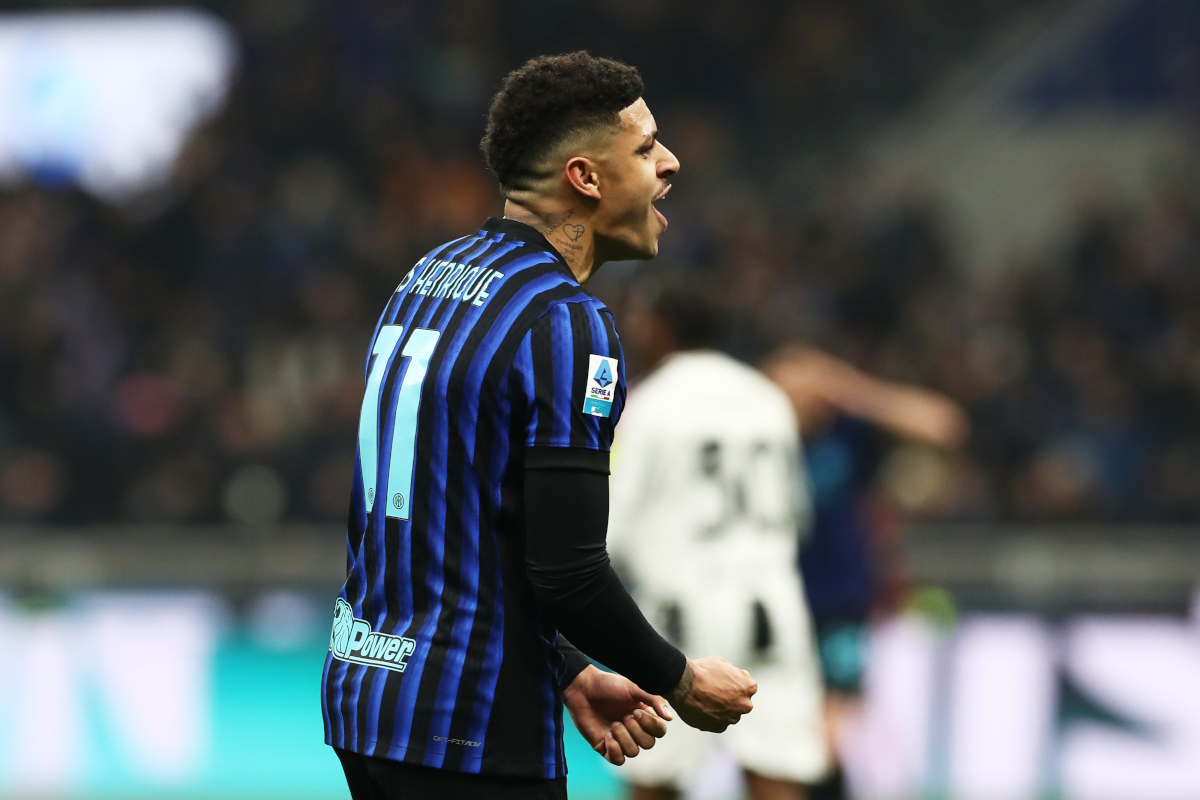 MILAN, ITALY - FEBRUARY 14: Luis Henrique of FC Internazionale Milano celebrates his team's first goal which was an own goal scored by Andrea Cambiaso of Juventus np during the Serie A match between FC Internazionale and Juventus FC at Giuseppe Meazza Stadium on February 14, 2026 in Milan, Italy. (Photo by Marco Luzzani/Getty Images)
