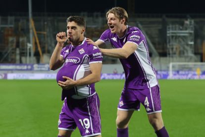 FLORENCE, ITALY - FEBRUARY 7: Manor Solomon of ACF Fiorentina (L) celebrates with teammate Marco Brescianini after scoring a goal with Marco Brescianini of ACF Fiorentina during the Serie A match between ACF Fiorentina and Torino FC at Artemio Franchi on February 7, 2026 in Florence, Italy. (Photo by Gabriele Maltinti/Getty Images)