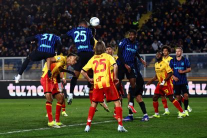 LECCE, ITALY - FEBRUARY 21: Manuel Akanji of Inter scores his team's second goal during the Serie A match between US Lecce and FC Internazionale at Stadio Via del Mare on February 21, 2026 in Lecce, Italy. (Photo by Maurizio Lagana/Getty Images)