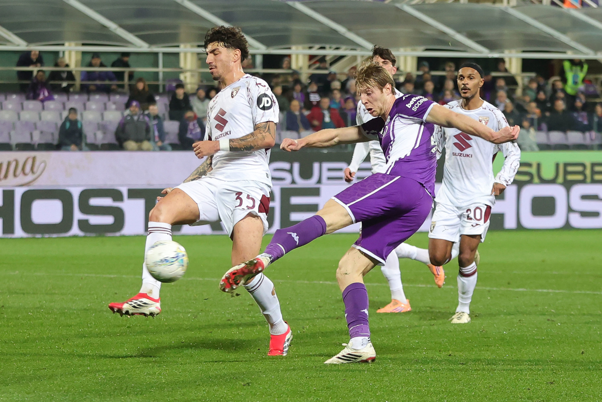 FLORENCE, ITALY - FEBRUARY 7: Marco Brescianini of ACF Fiorentina battles for the ball during the Serie A match between ACF Fiorentina and Torino FC at Artemio Franchi on February 7, 2026 in Florence, Italy. (Photo by Gabriele Maltinti/Getty Images)