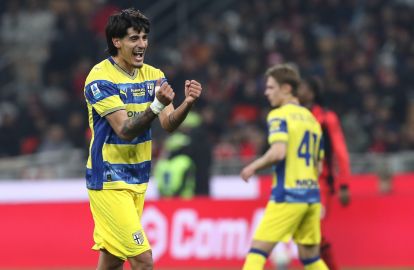 MILAN, ITALY - FEBRUARY 22: Mariano Troilo of Parma Calcio celebrates after scoring their team's first goal during the Serie A match between AC Milan and Parma Calcio 1913 at Giuseppe Meazza Stadium on February 22, 2026 in Milan, Italy. (Photo by Marco Luzzani/Getty Images)