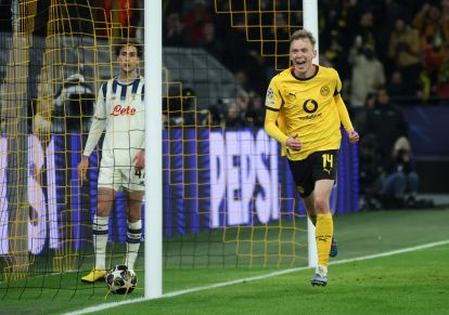 DORTMUND, GERMANY - FEBRUARY 17: Maximilian Beier of Borussia Dortmund celebrates scoring his team's second goal during the UEFA Champions League 2025/26 League Knockout Play-off First Leg match between Borussia Dortmund and Atalanta BC at BVB Stadion Dortmund on February 17, 2026 in Dortmund, Germany. (Photo by Alex Grimm/Getty Images)