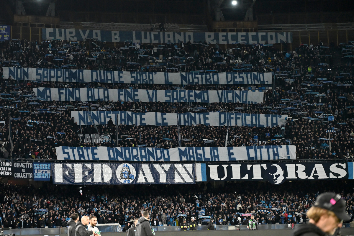 NAPLES, ITALY - FEBRUARY 15: SSC Napoli supporters showing banners for the team during the Serie A match between SSC Napoli and AS Roma at Stadio Diego Armando Maradona on February 15, 2026 in Naples, Italy. (Photo by Francesco Pecoraro/Getty Images)