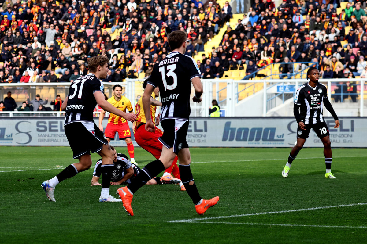LECCE, ITALY - FEBRUARY 08: Omri Gandelman (#16) of US Lecce scores his team's opening goal during the Serie A match between US Lecce and Udinese Calcio at Stadio Via del Mare on February 08, 2026 in Lecce, Italy. (Photo by Maurizio Lagana/Getty Images)