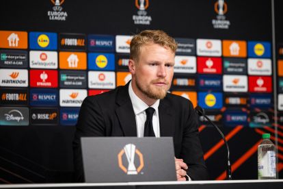 BORAS, SWEDEN - OCTOBER 3: IF Elfsborg head coach Oscar Hiljemark gives a press conference after the UEFA Europa League 2024/25 League Phase MD2 match between IF Elfsborg and AS Roma at Boras Arena on October 3, 2024 in Boras, Sweden. (Photo by Michael Campanella/Getty Images)