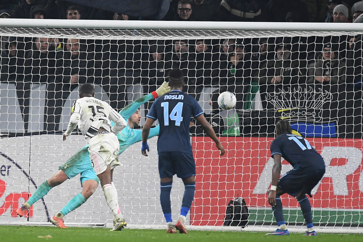 TURIN, ITALY - FEBRUARY 08: Kalulu of Juventus scores a second goal during the Serie A match between Juventus FC and SS Lazio at the Juventus stadium on February 08, 2026 in Turin, Italy. (Photo by Marco Rosi - SS Lazio/Getty Images)