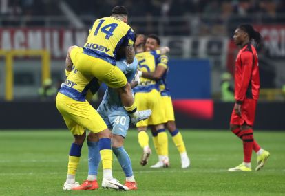 MILAN, ITALY - FEBRUARY 22: Mariano Troilo,Edoardo Corvi and Emanuele Valeri of Parma Calcio celebrates the victory at the end of the Serie A match between AC Milan and Parma Calcio 1913 at Giuseppe Meazza Stadium on February 22, 2026 in Milan, Italy. (Photo by Marco Luzzani/Getty Images)