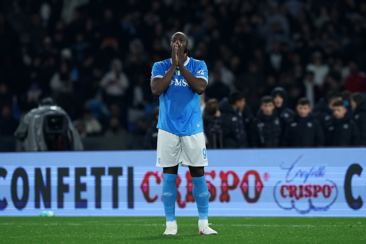 NAPLES, ITALY - FEBRUARY 10: Romelu Lukaku of SSC Napoli reacts after missing a penalty in the penalty shootout during the Coppa Italia match between SSC Napoli and Como 1907 at Stadio Diego Armando Maradona on February 10, 2026 in Naples, Italy.  (Photo by Francesco Pecoraro/Getty Images)