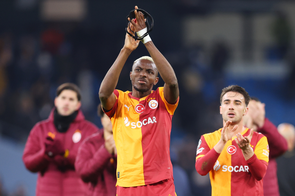 MANCHESTER, ENGLAND - JANUARY 28: Victor Osimhen of Galatasaray A.S. applauds the fans following the UEFA Champions League 2025/26 League Phase MD8 match between Manchester City and Galatasaray A.S. at City of Manchester Stadium on January 28, 2026 in Manchester, England. (Photo by Molly Darlington/Getty Images)