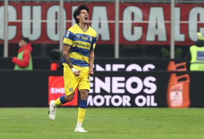MILAN, ITALY - FEBRUARY 22: Mariano Troilo of Parma Calcio celebrates after scoring their team's first goal during the Serie A match between AC Milan and Parma Calcio 1913 at Giuseppe Meazza Stadium on February 22, 2026 in Milan, Italy. (Photo by Marco Luzzani/Getty Images)