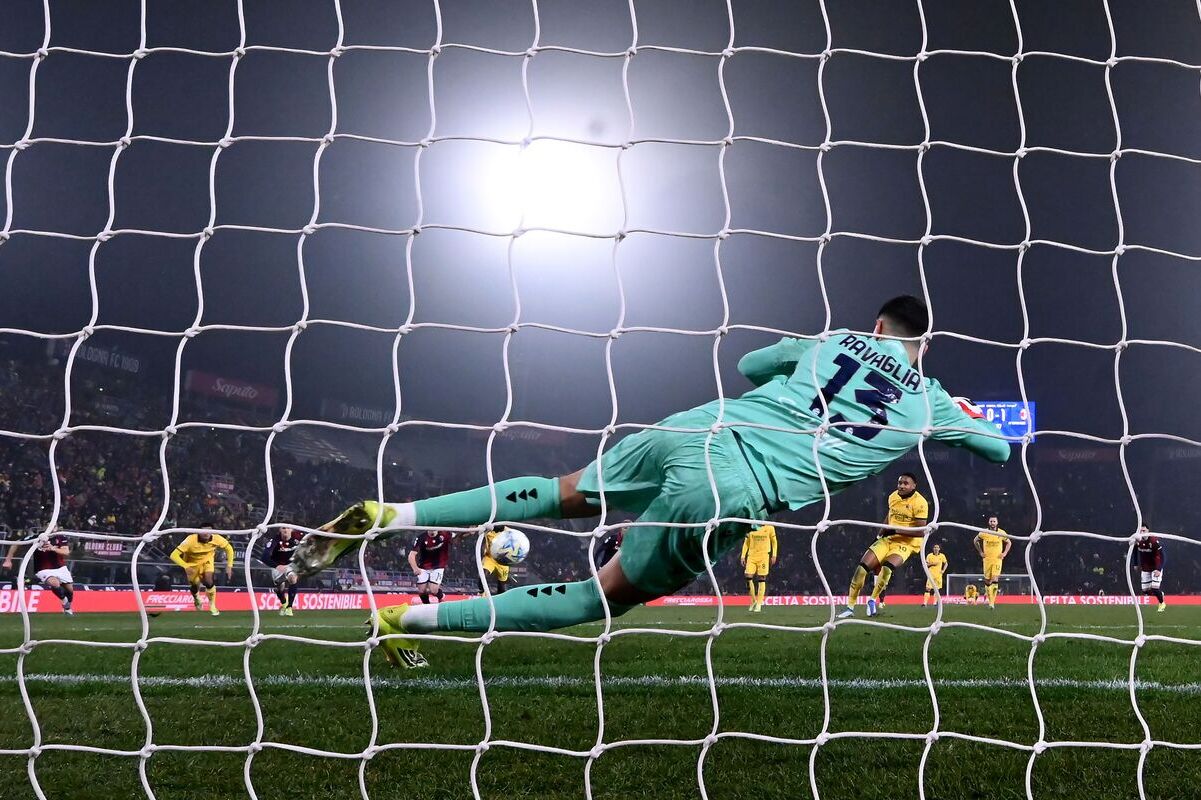BOLOGNA, ITALY - FEBRUARY 03: Christopher Nkunku of AC Milan scores his team second goal during the Serie A match between Bologna FC 1909 and AC Milan at Renato Dall'Ara Stadium on February 03, 2026 in Bologna, Italy. (Photo by Alessandro Sabattini/Getty Images)