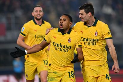 BOLOGNA, ITALY - FEBRUARY 03: Christopher Nkunku of AC Milan celebrates after scoring his team second goal during the Serie A match between Bologna FC 1909 and AC Milan at Renato Dall'Ara Stadium on February 03, 2026 in Bologna, Italy. (Photo by Alessandro Sabattini/Getty Images)