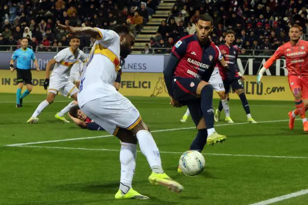 CAGLIARI, ITALY - FEBRUARY 16: Riyad Idrissi of Cagliari in contrast during the Serie A match between Cagliari Calcio and US Lecce at Stadio Sant'Elia on February 16, 2026 in Cagliari, Italy. (Photo by Enrico Locci/Getty Images)