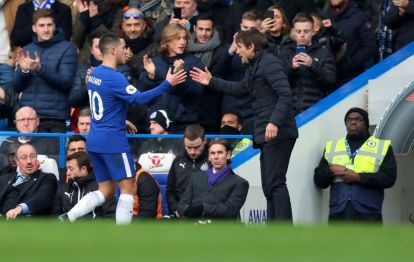 LONDON, ENGLAND - DECEMBER 02: Eden Hazard of Chelsea and Antonio Conte manager / head coach of Chelsea during the Premier League match between Chelsea and Newcastle United at Stamford Bridge on December 2, 2017 in London, England. (Photo by Catherine Ivill/Getty Images)