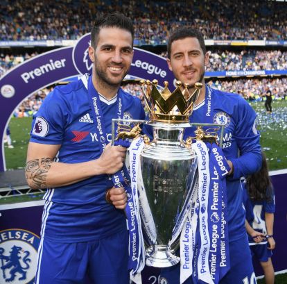 LONDON, ENGLAND - MAY 21: Cesc Fabregas and Eden Hazard of Chelsea pose with the Premier League trophy after the Premier League match between Chelsea and Sunderland at Stamford Bridge on May 21, 2017 in London, England. (Photo by Michael Regan/Getty Images)