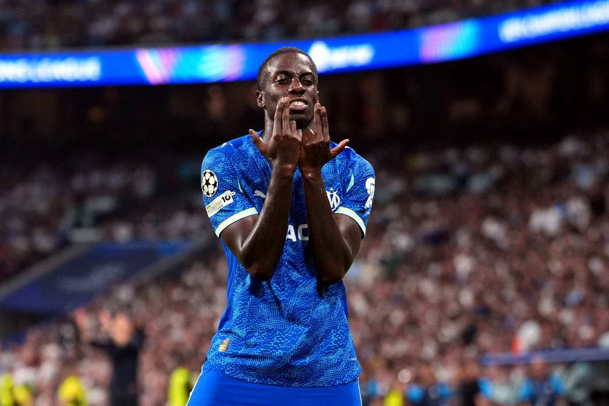 MADRID, SPAIN - SEPTEMBER 16: Timothy Weah of Olympique de Marseille celebrates scoring his team's first goal during the UEFA Champions League 2025/26 League Phase MD1 match between Real Madrid C.F. and Olympique de Marseille at Estadio Santiago Bernabeu on September 16, 2025 in Madrid, Spain. (Photo by Mateo Villalba Sanchez/Getty Images)