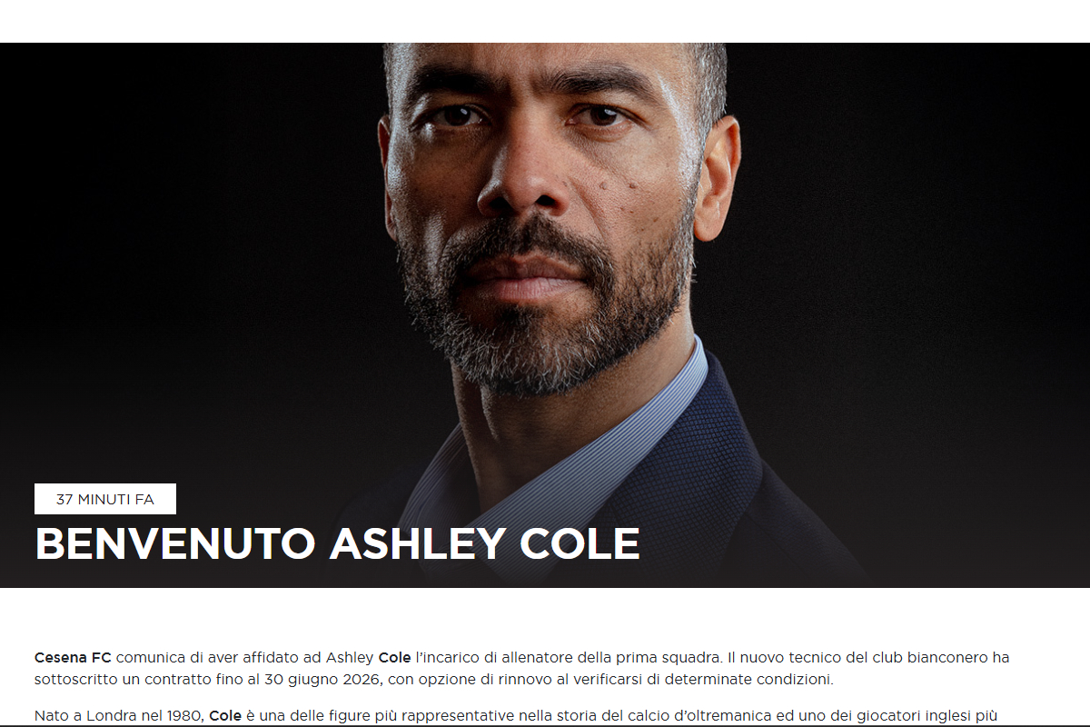 Cesena announce Ashley Cole as their new coach