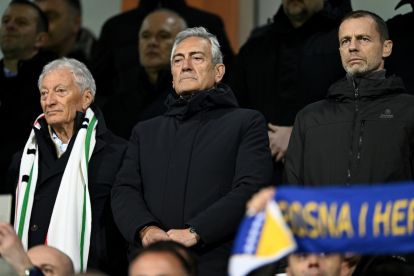 ZENICA, BOSNIA AND HERZEGOVINA - MARCH 31: (L-R) President of CONI Luciano Buonfiglio, President of FIGC Gabriele Gravina and UEFA President Aleksander Ceferin look on prior the FIFA World Cup 2026 European Qualifiers KO play-offs match between Bosnia and Herzegovina and Italy at Stadion Bilino Polje on March 31, 2026 in Zenica, Bosnia and Herzegovina. (Photo by Getty Images/Getty Images)