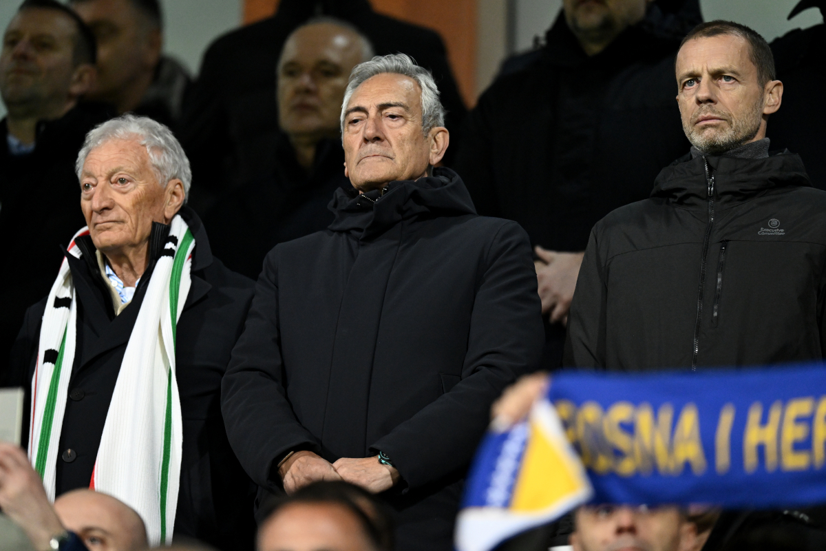 ZENICA, BOSNIA AND HERZEGOVINA - MARCH 31: (L-R) President of CONI Luciano Buonfiglio, President of FIGC Gabriele Gravina and UEFA President Aleksander Ceferin look on prior the FIFA World Cup 2026 European Qualifiers KO play-offs match between Bosnia and Herzegovina and Italy at Stadion Bilino Polje on March 31, 2026 in Zenica, Bosnia and Herzegovina. (Photo by Getty Images/Getty Images)