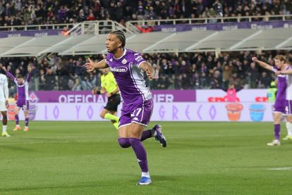 FLORENCE, ITALY - MARCH 22: Cher Ndour of ACF Fiorentina celebrates after scoring a goal during the Serie A match between ACF Fiorentina and FC Internazionale at Artemio Franchi on March 22, 2026 in Florence, Italy. (Photo by Gabriele Maltinti/Getty Images)