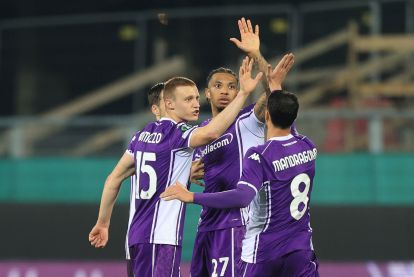 FLORENCE, ITALY - MARCH 12: Cher Ndour of ACF Fiorentina celebrates after scoring a goal during the UEFA Conference League 2025/26 round of 16 first leg match between ACF Fiorentina and Rakow Czestochowa at Stadio Artemio Franchi on March 12, 2026 in Florence, Italy. (Photo by Gabriele Maltinti/Getty Images)