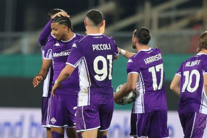FLORENCE, ITALY - MARCH 12: Cher Ndour of ACF Fiorentina celebrates after scoring a goal during the UEFA Conference League 2025/26 round of 16 first leg match between ACF Fiorentina and Rakow Czestochowa at Stadio Artemio Franchi on March 12, 2026 in Florence, Italy. (Photo by Gabriele Maltinti/Getty Images)