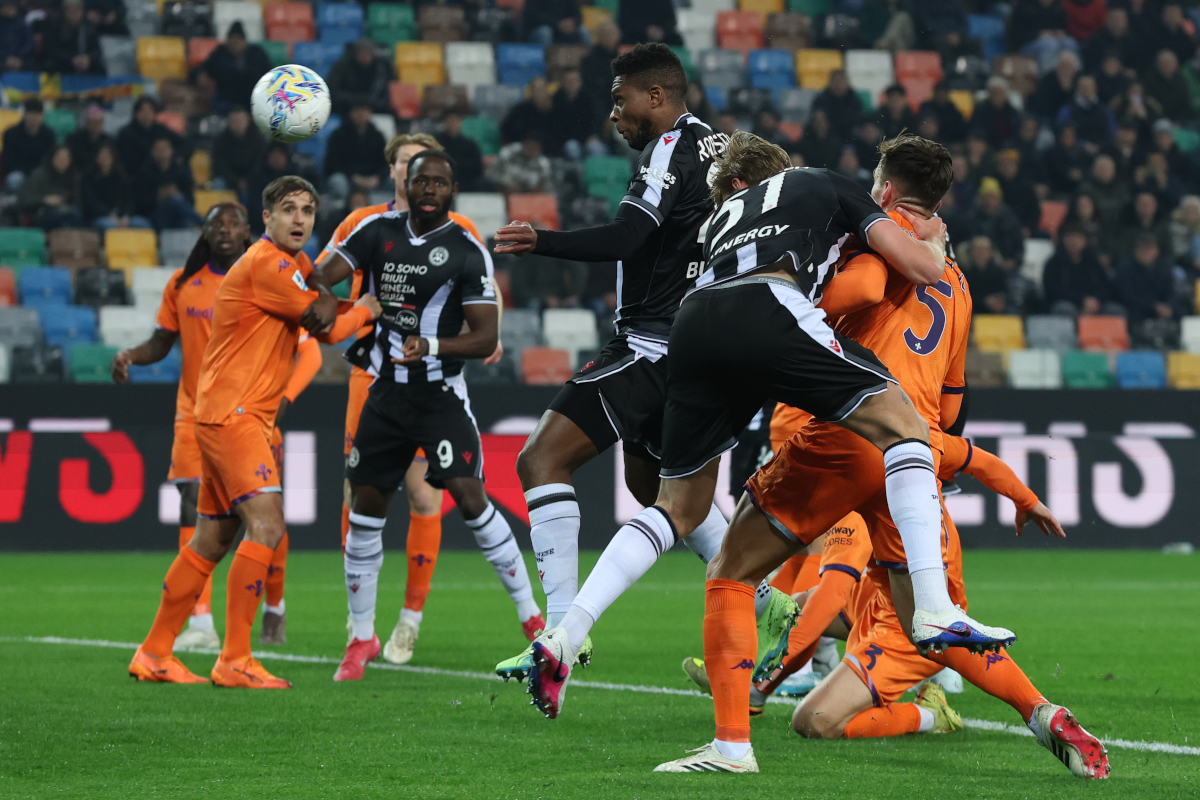 UDINE, ITALY - MARCH 02: Christian Kabasele of Udinese scores his team's first goal with a header during the Serie A match between Udinese Calcio and ACF Fiorentina at Stadio Friuli on March 02, 2026 in Udine, Italy. (Photo by Timothy Rogers/Getty Images)