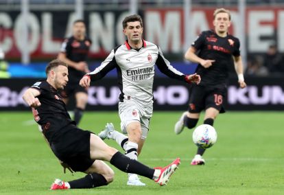 MILAN, ITALY - MARCH 21: Christian Pulisic of AC Milan is challenged by Ardian Ismajli of Torino during the Serie A match between AC Milan and Torino FC at Giuseppe Meazza Stadium on March 21, 2026 in Milan, Italy. (Photo by Marco Luzzani/Getty Images)
