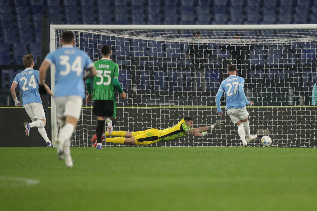 ROME, ITALY - MARCH 09: Daniel Maldini of SS Lazio scores the opening goal during Serie A match between SS Lazio and US Sassuolo Calcio at Stadio Olimpico on March 09, 2026 in Rome, Italy. (Photo by Paolo Bruno/Getty Images)