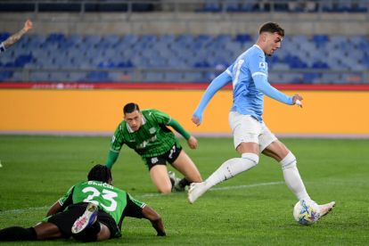 ROME, ITALY - MARCH 09: Daniel Maldini of SS Lazio scores a opening goal during the Serie A match between SS Lazio and US Sassuolo Calcio at Stadio Olimpico on March 09, 2026 in Rome, Italy. (Photo by Marco Rosi - SS Lazio/Getty Images)