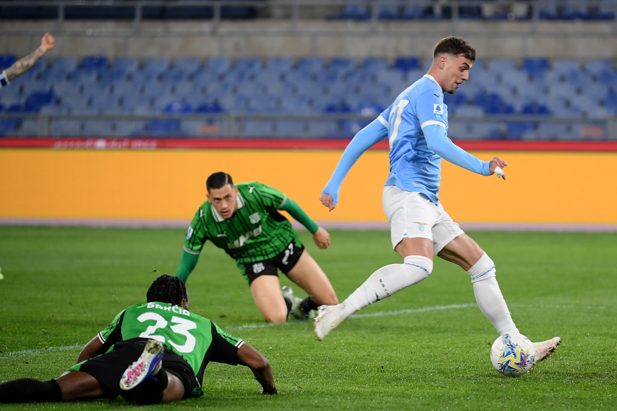 ROME, ITALY - MARCH 09: Daniel Maldini of SS Lazio scores a opening goal during the Serie A match between SS Lazio and US Sassuolo Calcio at Stadio Olimpico on March 09, 2026 in Rome, Italy. (Photo by Marco Rosi - SS Lazio/Getty Images)