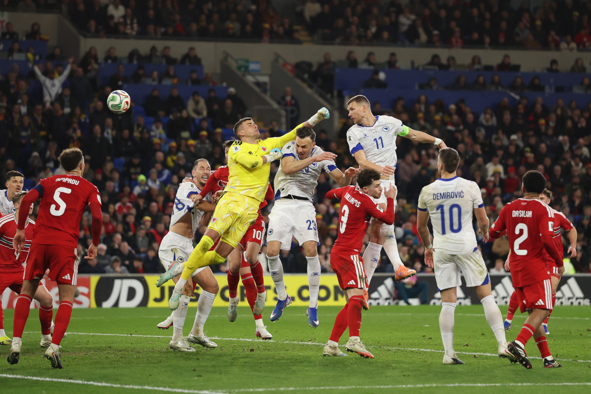 CARDIFF, WALES - MARCH 26: Edin Dzeko of Bosnia and Herzegovina scores his team