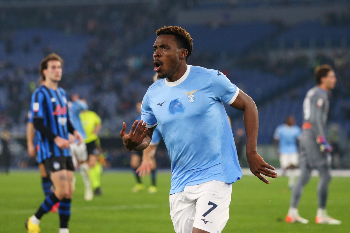 ROME, ITALY - MARCH 04: Fisayo Dele-Bashiru of Lazio celebrates scoring his team's first goal during the Coppa Italia match between SS Lazio and Atalanta BC at Olimpico Stadium on March 04, 2026 in Rome, Italy. (Photo by Paolo Bruno/Getty Images)
