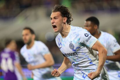 FLORENCE, ITALY - MARCH 22: Pio Esposito of FC Internazionale celebrates after scoring a goal during the Serie A match between ACF Fiorentina and FC Internazionale at Artemio Franchi on March 22, 2026 in Florence, Italy. (Photo by Gabriele Maltinti/Getty Images)