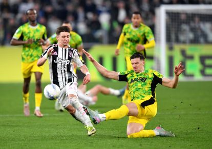 TURIN, ITALY - MARCH 21: Francisco Conceicao of Juventus and Tarik Muharemovic of US Sassuolo Calcio battle for possession during the Serie A match between Juventus FC and US Sassuolo Calcio at Allianz Stadium on March 21, 2026 in Turin, Italy. (Photo by Valerio Pennicino/Getty Images)