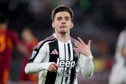 ROME, ITALY - MARCH 01: Francisco Conceicao of Juventus celebrates their first goal during the Serie A match between AS Roma and Juventus FC at Stadio Olimpico on March 01, 2026 in Rome, Italy. (Photo by Paolo Bruno/Getty Images)