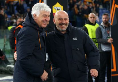 ROME, ITALY - MARCH 19: Gian Piero Gasperini, Head Coach of AS Roma, and Vincenzo Italiano, Head Coach of Bologna, pose for a photo prior to the UEFA Europa League 2025/26 Round of 16 Second Leg match between AS Roma and Bologna FC 1909 at Stadio Olimpico on March 19, 2026 in Rome, Italy. (Photo by Paolo Bruno/Getty Images)