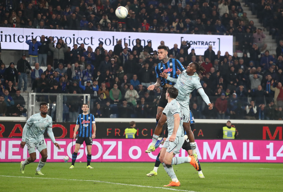 BERGAMO, ITALY - MARCH 07: Gianluca Scamacca of Atalanta BC scores their team's first second goal during the Serie A match between Atalanta BC and Udinese Calcio at New Balance Arena on March 07, 2026 in Bergamo, Italy. (Photo by Marco Luzzani/Getty Images)