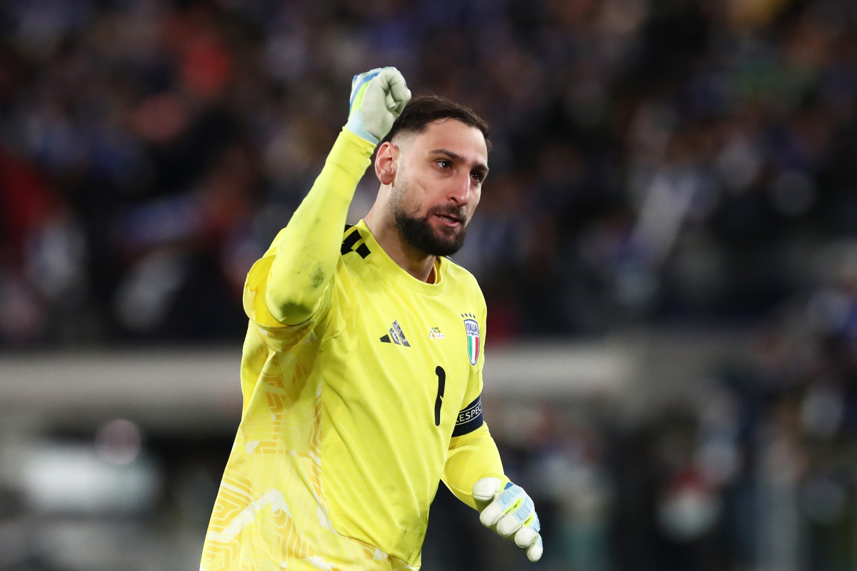 BERGAMO, ITALY - MARCH 26: Gianluigi Donnarumma of Italy celebrates his team's first goal during the FIFA World Cup 2026 European Qualifiers KO play-offs match between Italy and Northern Ireland at Stadio di Bergamo on March 26, 2026 in Bergamo, Italy. (Photo by Marco Luzzani/Getty Images)