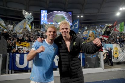 ROME, ITALY - MARCH 15: Gustav Isaksen and Oliver Provstgaard SS Lazio celebrates a victory after the Serie A match between SS Lazio and AC Milan at Stadio Olimpico on March 15, 2026 in Rome, Italy. (Photo by Marco Rosi - SS Lazio/Getty Images)