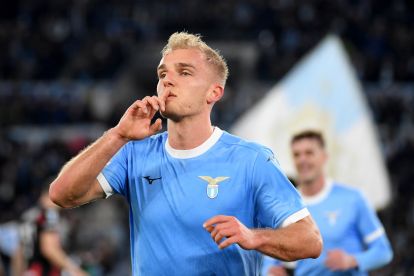 ROME, ITALY - MARCH 15: Gustav Isaksen of SS Lazio celebrates the opening goal during the Serie A match between SS Lazio and AC Milan at Stadio Olimpico on March 15, 2026 in Rome, Italy. (Photo by Marco Rosi - SS Lazio/Getty Images)