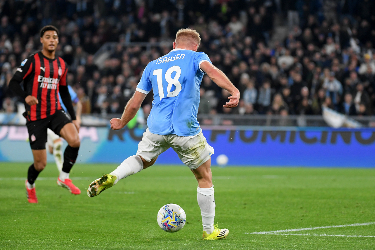 ROME, ITALY - MARCH 15: Gustav Isaksen of SS Lazio scores the opening goal during the Serie A match between SS Lazio and AC Milan at Stadio Olimpico on March 15, 2026 in Rome, Italy. (Photo by Marco Rosi - SS Lazio/Getty Images)