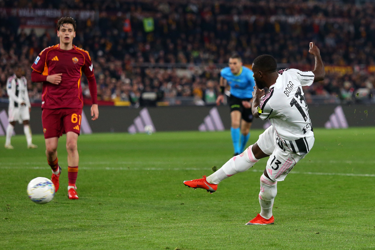 ROME, ITALY - MARCH 01: Jeremie Boga of Juventus scores their second goal during the Serie A match between AS Roma and Juventus FC at Stadio Olimpico on March 01, 2026 in Rome, Italy. (Photo by Paolo Bruno/Getty Images)