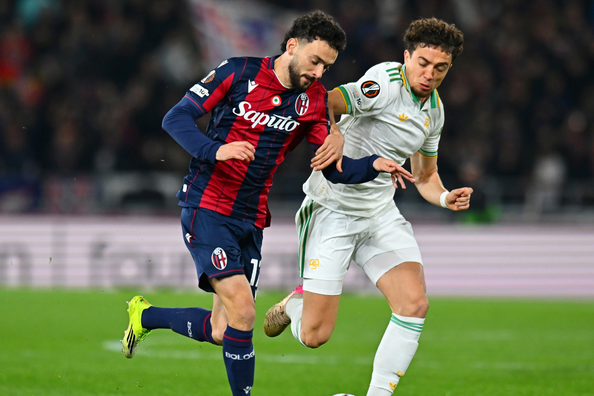 BOLOGNA, ITALY - MARCH 12: Joao Mario of Bologna is challenged by Neil El Aynaoui of AS Roma during the UEFA Europa League 2025/26 Round of 16 First Leg match between Bologna FC 1909 and AS Roma at Stadio Renato Dall'Ara on March 12, 2026 in Bologna, Italy. (Photo by Alessandro Sabattini/Getty Images)