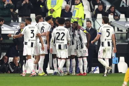 TURIN, ITALY - MARCH 07: Khephren Thuram of Juventus celebrates his goal with his team-mates and Luciano Spalletti Head coach of Juventus during the Serie A match between Juventus FC and Pisa SC at Juventus Stadium on March 07, 2026 in Turin, Italy. (Photo by Giuseppe Cottini/Getty Images)