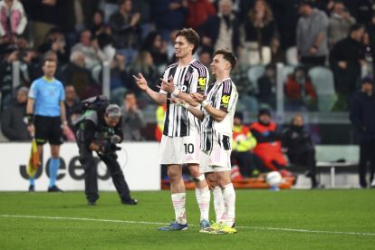 TURIN, ITALY - MARCH 07: Kenan Yildiz (L) of Juventus celebrates with Francisco Conceicao (R) after scoring the his team's third goal during the Serie A match between Juventus FC and Pisa SC at Juventus Stadium on March 07, 2026 in Turin, Italy. (Photo by Giuseppe Cottini/Getty Images)