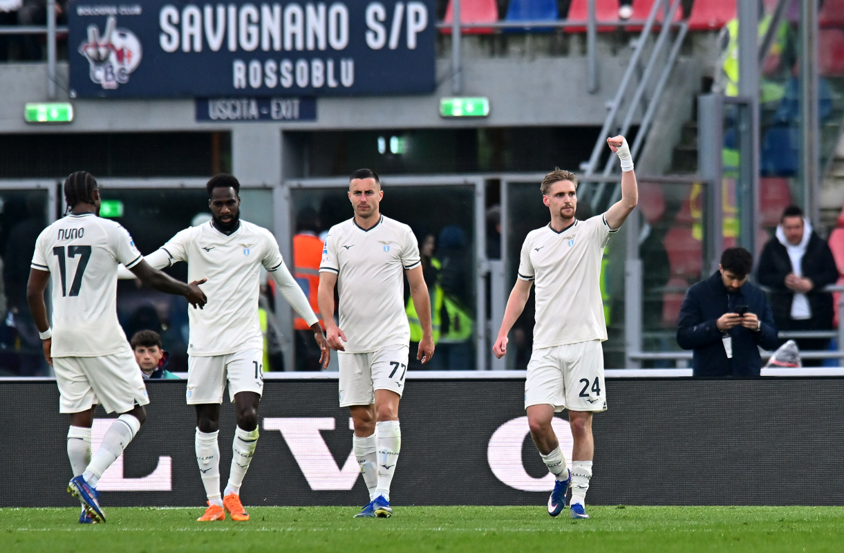 BOLOGNA, ITALY - MARCH 22: Kenneth Taylor of Lazio celebrates scoring his team's first goal during the Serie A match between Bologna FC 1909 and SS Lazio at Renato Dall'Ara Stadium on March 22, 2026 in Bologna, Italy. (Photo by Alessandro Sabattini/Getty Images)