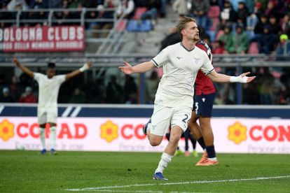 BOLOGNA, ITALY - MARCH 22: Kenneth Taylor of SS Lazio celebrates a opening goal during the Serie A match between Bologna FC 1909 and SS Lazio at Renato Dall'Ara Stadium on March 22, 2026 in Bologna, Italy. (Photo by Marco Rosi - SS Lazio/Getty Images)